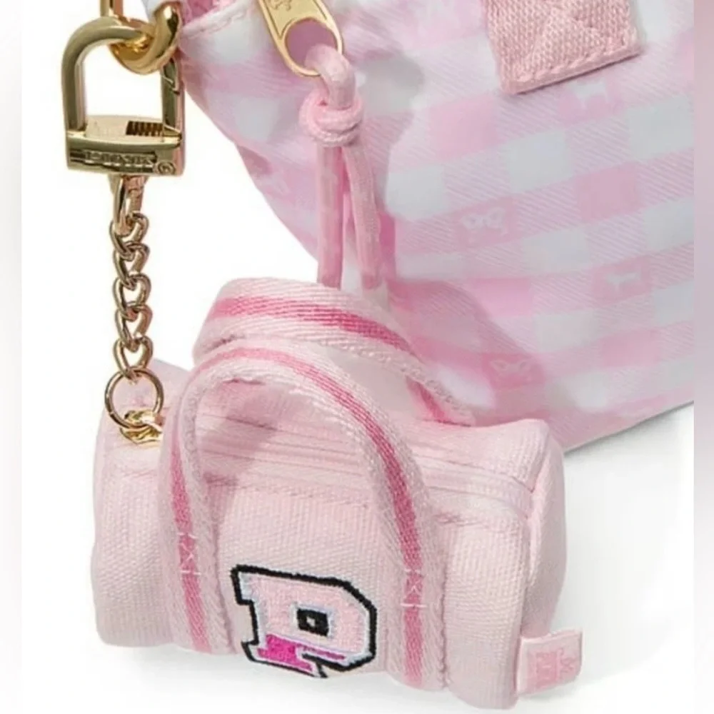 🎀PINK x LoveShackFancy Mini Duffle Bag Keychain Bag Charm Pink Tulip “P” Logo